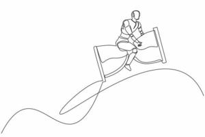 Continuous one line drawing robot riding and flying with hourglass rockets. Humanoid robot cybernetic organism. Future robotics development concept. Single line draw design vector graphic illustration