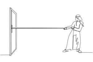 un solo hombre de negocios árabe dibujando una línea tirando de la cuerda para arrastrar la puerta, metáfora para enfrentar un gran problema. luchas empresariales. fuerza para el éxito. ilustración de vector gráfico de diseño de dibujo de línea continua