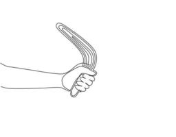 Single one line drawing hand holding boomerang, ancient aboriginal hunting tool from Australia. Traditional souvenir, Australian native symbols. Continuous line draw design graphic vector illustration