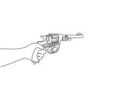 Continuous one line drawing hand holding revolver gun. Gun revolver handgun six shooter pistol drawing in vintage retro woodcut etched or engraved style. Single line draw design vector illustration