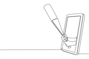 Single continuous line drawing player hand holds baseball bat through mobile phone. Smartphone with baseball games app. Mobile sports stream championship. Dynamic one line draw graphic design vector