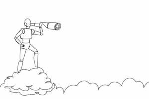 Single one line drawing robot on cloud holding binocular to search for business innovation. Future technology development. Artificial intelligence. Continuous line design graphic vector illustration
