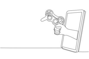 Single one line drawing gamer hand holds joystick through mobile phone. Smartphone with video game console app. Mobile sports games stream championship. Continuous line draw design vector illustration