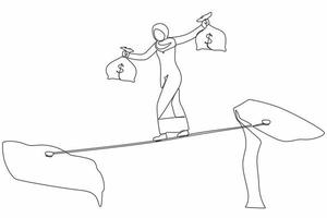 Continuous one line drawing Arab businesswoman walk over cliff gap mountain carry two money bag risking dangerous. Female walking balance on rope bridge. Single line design vector graphic illustration