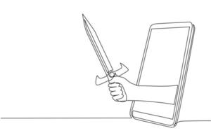 Single continuous line drawing hand hold sword warrior through mobile phone. Concept of mobile games, e-sport, entertainment application for smartphones. One line graphic design vector illustration