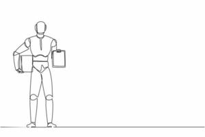 Single continuous line drawing robot holding boxes and clipboard with documents. Modern robotics artificial intelligence technology. Electronic technology industry. One line draw graphic design vector