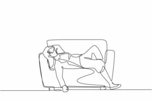 Continuous one line drawing unhappy businessman sad tired sleepy mood resting on sofa. Frustrated worker holding her head lying on couch. Stressed, anxiety, failure. Single line graphic design vector