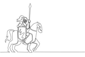 Single one line drawing medieval armed knight riding horse. Historical ancient military character. Prince with spear and shield. Ancient fighter. Continuous line design graphic vector illustration