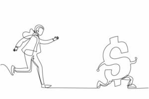 Single continuous line drawing businesswoman chasing dollar symbol, trying to catch it, return her money. Financial crisis, ROI, return on investment business. One line draw design vector illustration