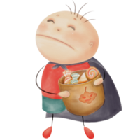 acuarela de un niño sosteniendo una canasta de dulces para halloween - ilustración de un personaje de dibujos animados para la decoración png