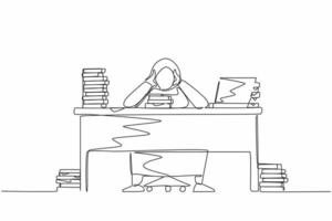 Single continuous line drawing stressed Arabian businesswoman throwing tantrum in office holding her hands to her head shouting while seated at desk surrounded by files. One line graphic design vector