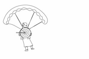 Single continuous line drawing cute businesswoman holding target with arrow in bullseye and jumping with parachute. Goal setting. Professional manager. One line draw graphic design vector illustration