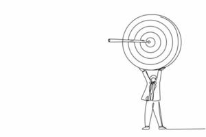 Single continuous line drawing businessman holding up big target with arrow. Young smart male employee with aim symbol of having success idea. Dynamic one line draw graphic design vector illustration