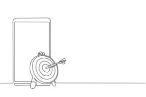 Single continuous line drawing smartphone and arrow hitting target mark. Arrow exactly into goal of dartboard. Concept of accuracy business strategy. One line draw graphic design vector illustration