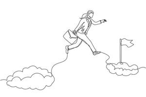 Single one line drawing fearless brave businesswoman make risk by jump over clouds to reach her success target or flag. Challenge of her career. Continuous line draw design graphic vector illustration