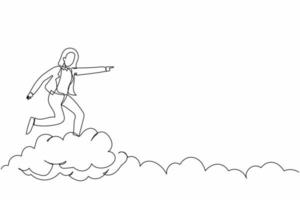 Single continuous line drawing successful businesswoman ride cloud, pointing forward, go to future, business metaphor. Woman on cloud way to success. One line draw graphic design vector illustration