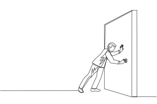 hombre de negocios de dibujo de línea continua empujando la pared. carrera exitosa y lluvia de ideas, crecimiento profesional y solución de problemas, idea inteligente, concepto de desarrollo profesional. vector de diseño de dibujo de una línea