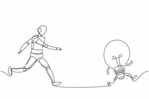 Continuous one line drawing robot chasing light bulb. Innovation for new business ideas. Humanoid robot cybernetic organism. Future robotic development. Single line design vector graphic illustration