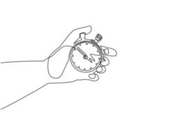 Single continuous line drawing human hand holding stopwatch. Arrow, clock, meter. Measurement and time management concept for banner, website design or landing web page. One line draw design vector