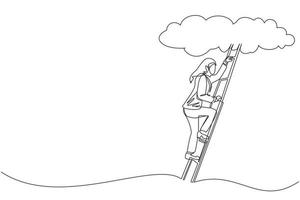 Continuous one line drawing Arab businesswoman climbing up career ladder to cloud. Successful rising business development. Professional growth promotion. Single line design vector graphic illustration