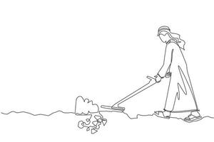 Single continuous line drawing Arabian businessman with metal detector looking for pile of diamonds. Man treasure hunter with metal detector finding precious stone. One line draw graphic design vector