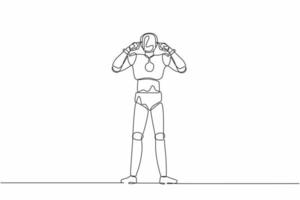 Single one line drawing robot covering ears with fingers with annoyed expression for noise of loud sound or music. Future technology development. Continuous line design graphic vector illustration