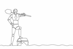 Single continuous line drawing robot digging ground with shovel and finding treasure chest. Robotic artificial intelligence. Electronic technology. One line draw graphic design vector illustration