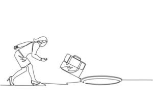 Single one line drawing businesswoman throws briefcase into hole. Failure to take advantage of business opportunities. Depressed and business failure concept. Continuous line draw design illustration vector