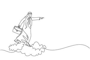 Single continuous line drawing Arab businessman holding briefcase ride cloud, pointing forward, go to future, business concept. Man on cloud way to success. One line graphic design vector illustration