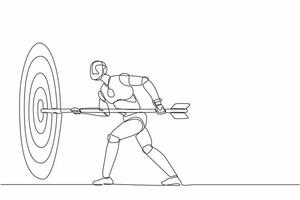 Single continuous line drawing robot hold arrow in hand to target, achievement goal. Robotic artificial intelligence. Electronic technology industry. One line draw graphic design vector illustration