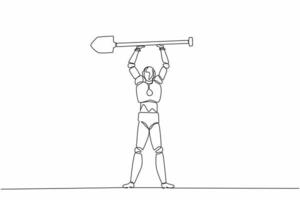 Single continuous line drawing robot standing and lifting big shovel. Success, achievement. Robotic artificial intelligence. Electronic technology industry. One line draw design vector illustration