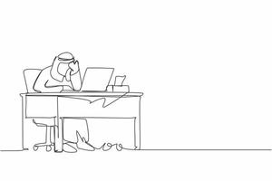 un empleado varón de dibujo de una sola línea llorando mientras se limpia las lágrimas con un pañuelo y mira la computadora portátil. hombre de negocios árabe trabajando horas extras en el cargo. ilustración de vector gráfico de diseño de dibujo de línea continua
