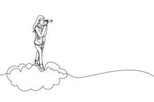 Single continuous line drawing Arab businesswoman riding high cloud holding telescope or binocular to search for business visionary. Leadership vision company strategy. One line graphic design vector