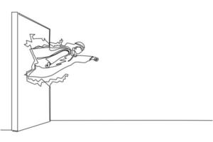 un solo dibujo de una línea super hombre de negocios árabe golpea y rompe la pared. el hombre volador rompe la pared. poder de concepto de negocio, éxito y superación de dificultades. vector de diseño de dibujo de línea continua moderna