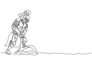 Continuous one line drawing medieval knight in armor, cape and helmet with feather. Warrior of middle ages standing tries to draw the excalibur sword from the stone. Single line draw design vector