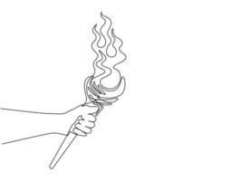 Single one line drawing hand holding torch on stick. Primitive weapon. Burning club. Old primitive tool or item for lighting. Fire and branch. Continuous line draw design graphic vector illustration