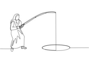 Single one line drawing Arabian businesswoman holding fishing rod from hole. Woman fishing with rod. Business investment concept. Make money from idea. Continuous line draw design vector illustration