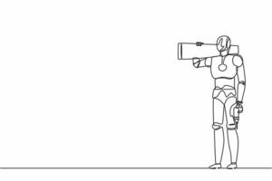 Continuous one line drawing robot repairman standing with board, tool box, and drill. Humanoid robot cybernetic organism. Future robotics development. Single line design vector graphic illustration