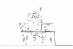 Single continuous line drawing happy Arab businessman jump with raised hands on his workplace. Male manager celebrating success of increasing company product sales. One line draw graphic design vector
