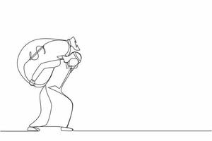 Single continuous line drawing Arab businessman carrying big and heavy money bag on his back. Financial problem, taxation burden or business debt, deadline concept. One line draw graphic design vector