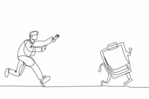 Continuous one line drawing businessman run chasing try to catch clipboard. Manager being chased by work deadlines. Running out of time. Business metaphor. Single line draw design vector illustration