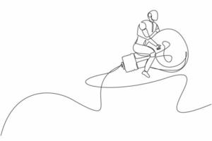 Continuous one line drawing robots riding light bulb rockets. Modern robotics artificial intelligence technology. Electronic technology industry. Single line draw design vector graphic illustration