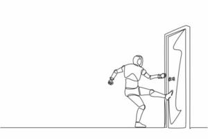 Continuous one line drawing robots standing kicks closed door with his leg. Humanoid robot cybernetic organism. Future robotics development concept. Single line draw design vector graphic illustration