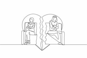 Single one line drawing unhappy stubborn Arab couple sit separate on cut couch have family fight or quarrel. Angry mad man and woman lovers avoid ignore talking. Continuous line design graphic vector