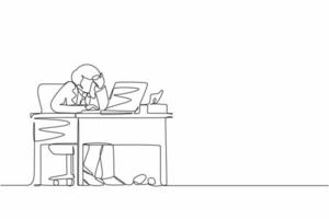 Single continuous line drawing male employee crying while wiping tears using tissue and staring at laptop. Businessman working overtime in office. One line draw graphic design vector illustration