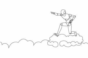 Continuous one line drawing robot ride cloud, pointing forward, go to future. Humanoid robot cybernetic organism. Future robotic development concept. Single line design vector graphic illustration