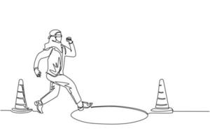 Single one line drawing blindfolded Arab businesswoman running to find money with pit hole. Woman runs to business trap. Blind investment concept. Metaphor. Continuous line draw design graphic vector