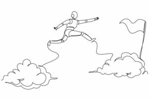 Continuous one line drawing robot jump over clouds to reach success, target, flag. Taking risk business project. Robot cybernetic organism. Future robotic. Single line draw design vector illustration