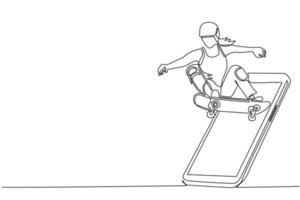 Una sola mujer patinadora de dibujo de una línea montando patineta y haciendo trucos de salto saliendo de la pantalla del teléfono inteligente. Partidos deportivos móviles. aplicación de juego de skate en línea. vector de diseño de dibujo de línea continua