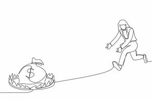 Single continuous line drawing money trap business. Businesswoman running to catch money bag in the steel bear trap. Metaphor of greedy financial risk and bad solutions. One line graphic design vector